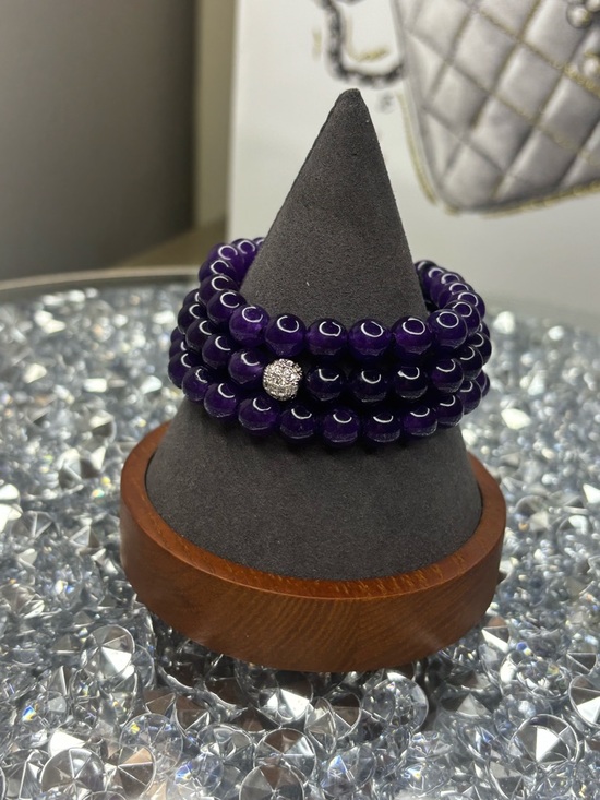 Purple Beaded Stretch Bracelet Stack with Pave Accent - Picture 3 of 8